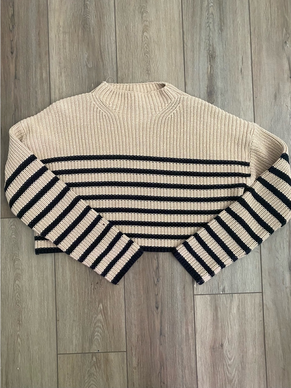 Cropped Cream Sweater with Black Stripes - Classic Knit Turtleneck